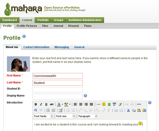 Create a profile in Mahara