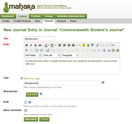 Creating a journal entry in Mahara